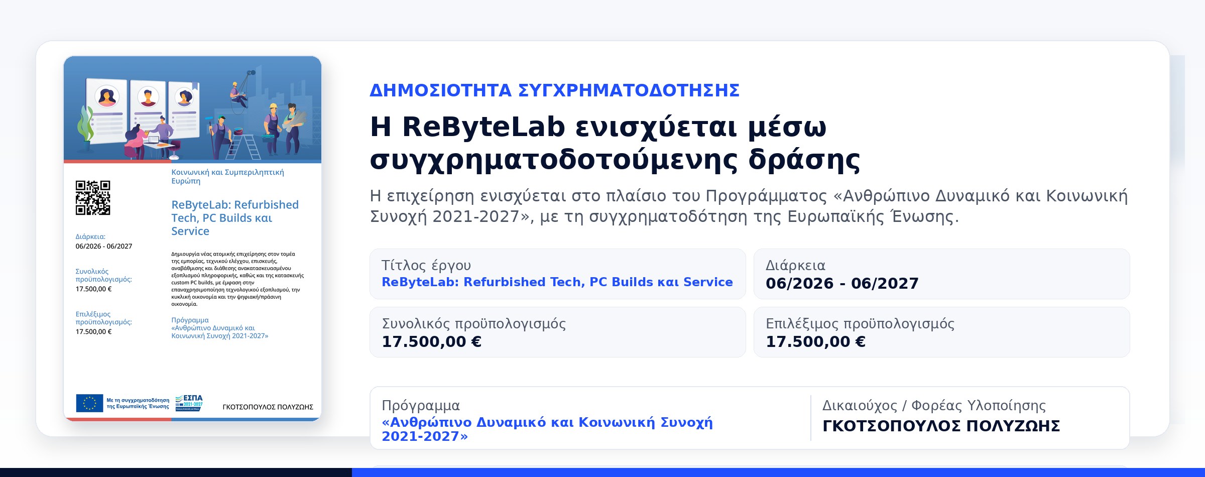 Δημοσιότητα συγχρηματοδότησης ΕΣΠΑ ΔΥΠΑ για την επιχείρηση ReByteLab
