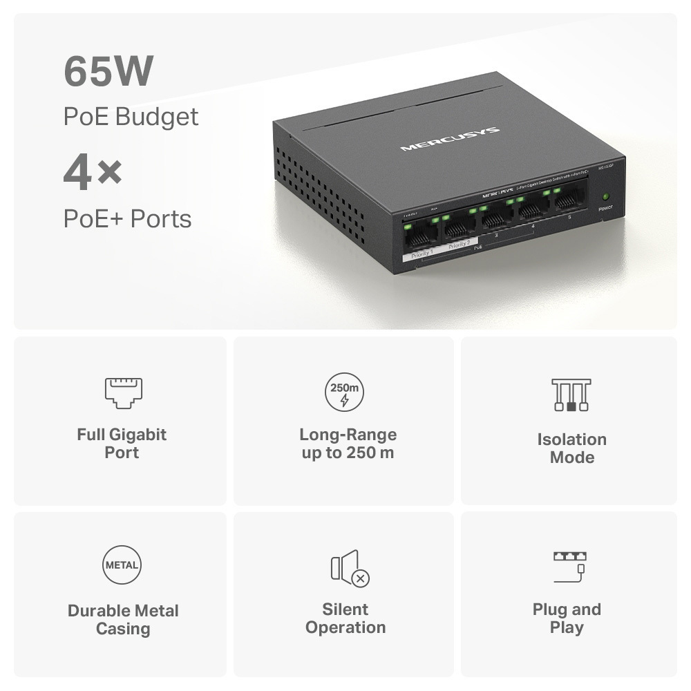 Mercusys MS105GP v3 Unmanaged L2 PoE+ Switch με 5 Θύρες Gigabit (1Gbps) Ethernet - Image 6
