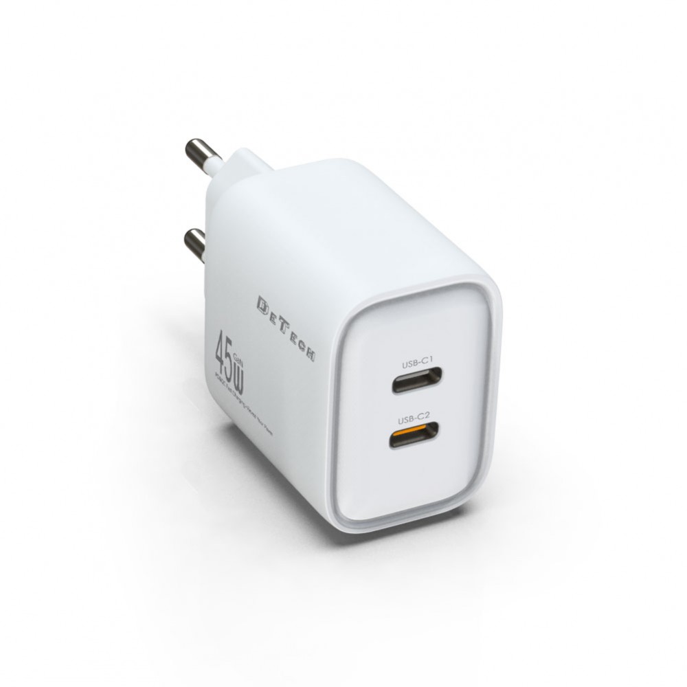 Network charger DeTech DE-PD, 45W, GaN, 2 x Type-C F, With Type-C cable, PD, White - Image 3