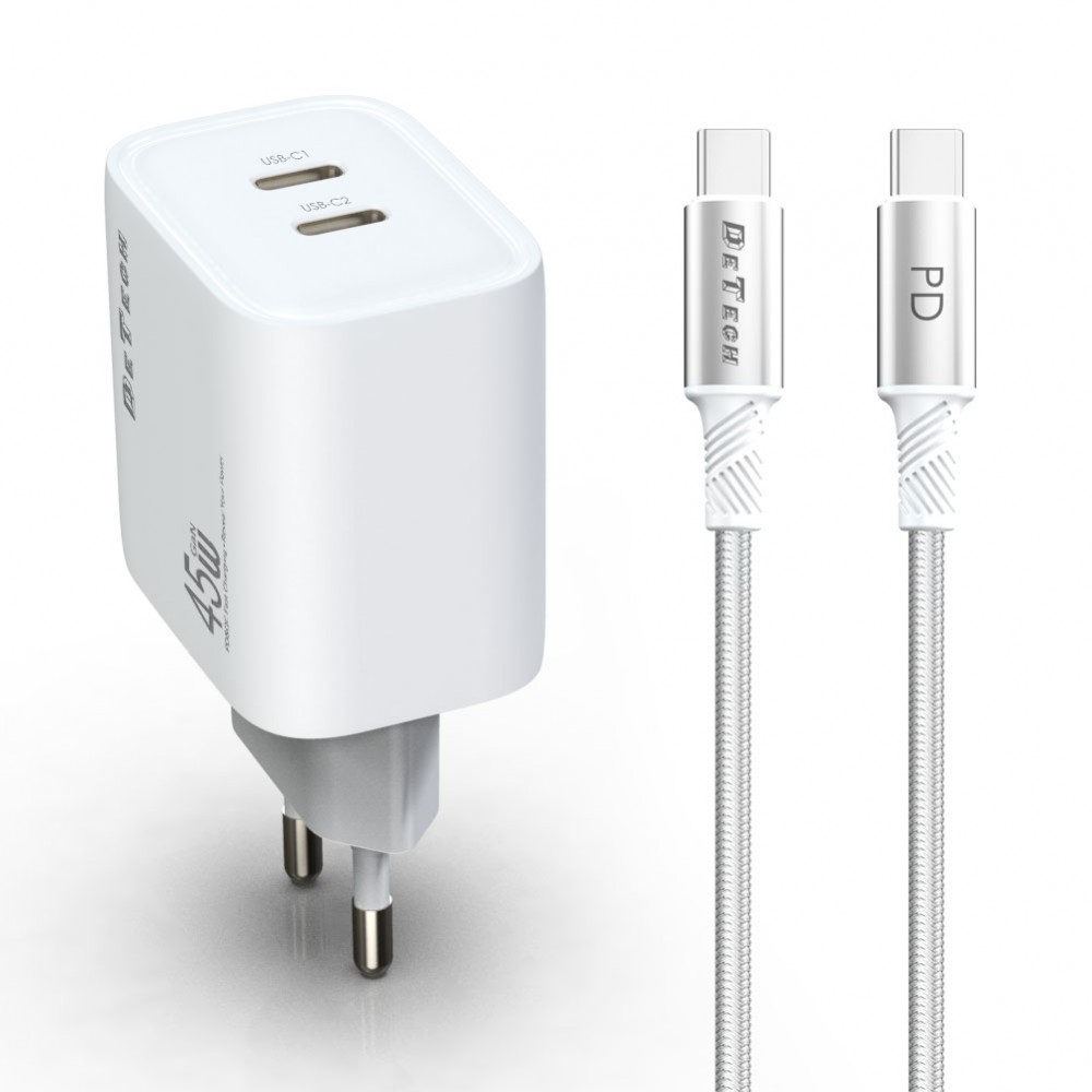 Network charger DeTech DE-PD, 45W, GaN, 2 x Type-C F, With Type-C cable, PD, White