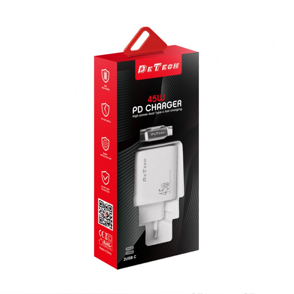 Network charger DeTech DE-PD, 45W, GaN, 2 x Type-C F, With Type-C cable, PD, White - Image 2